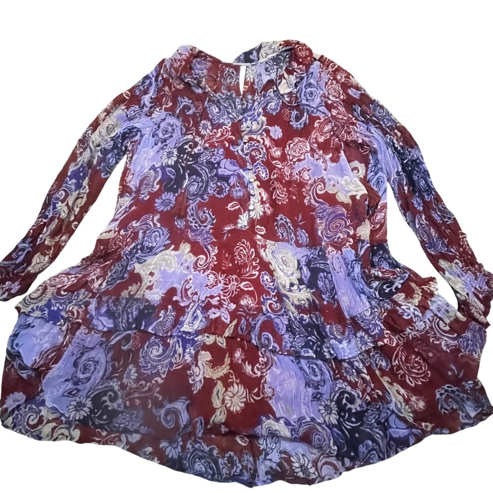 Anthropologie Marias Floral Paisley Tiered Dress Rust Red Mini 2X Long Sleeve
